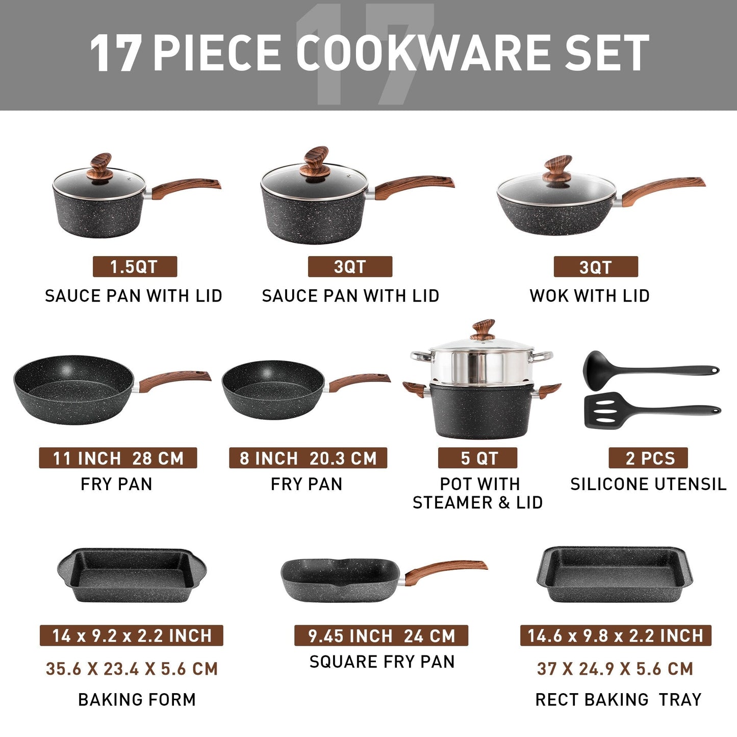 17-Piece Kitchen Granite Cookware Set, Non-stick Cooking Pots and Pans Set