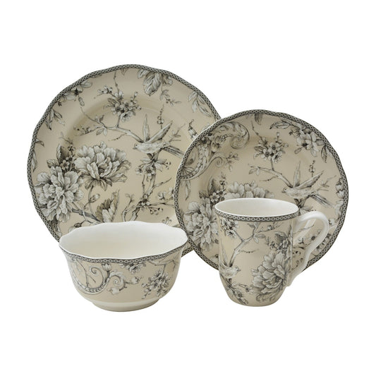222 Fifth Adelaide 16-Piece Porcelain Dinnerware Set with Round Plates, Bowls, and Mugs, Antique White