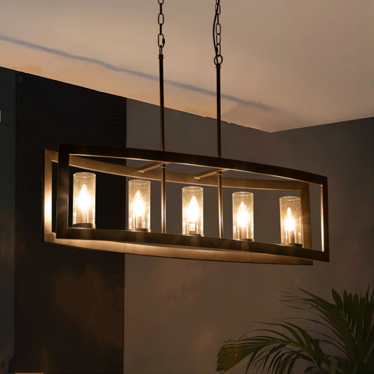 5-Light Mid-Century Modern Industrial Linear Kitchen Island Pendant Vintage Rectangle Glass Chandelier