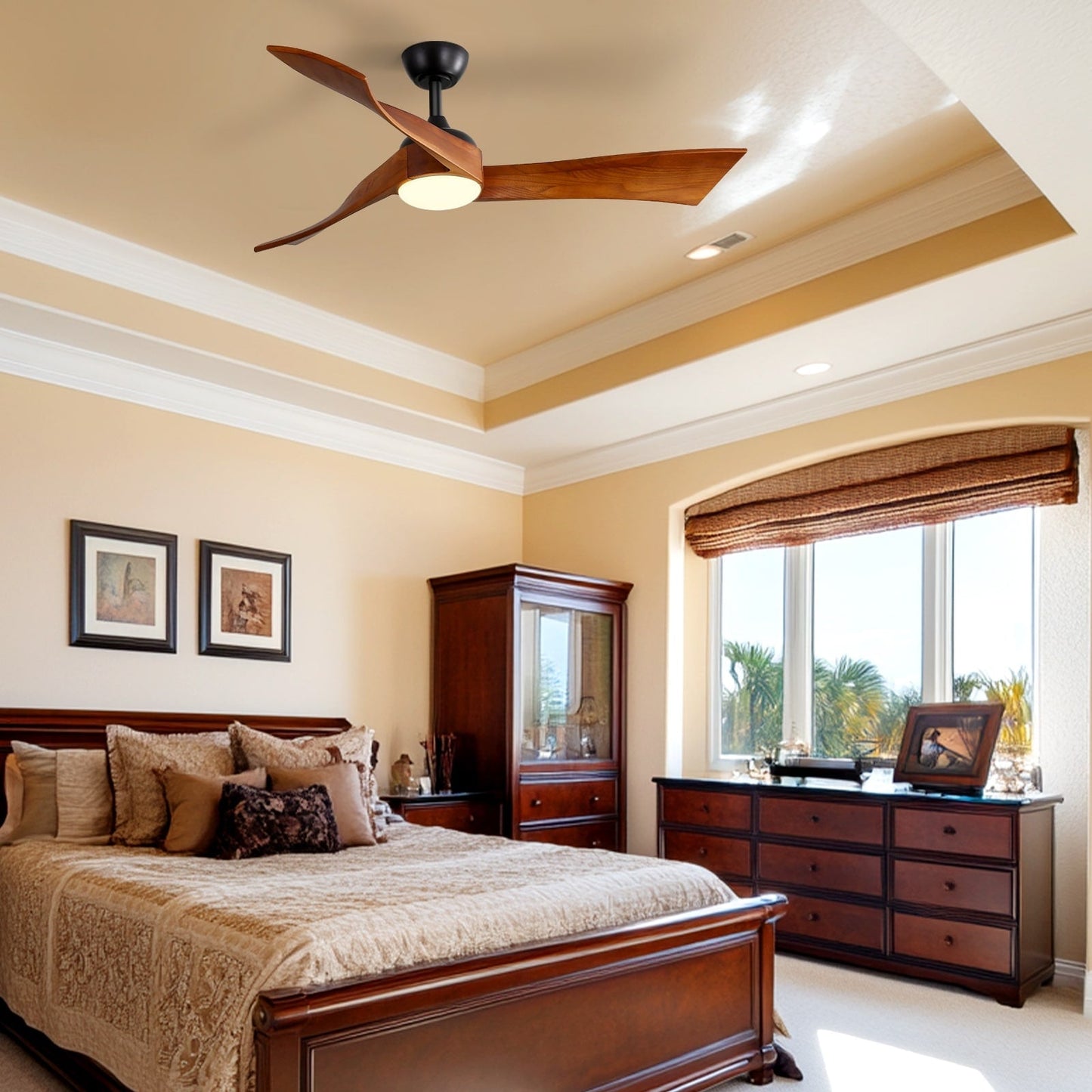 52 Wood 3-Blade Ceiling Fans with Dimmable LED Light and Remote, 6-Speed Reversible DC Motor - 52 inch