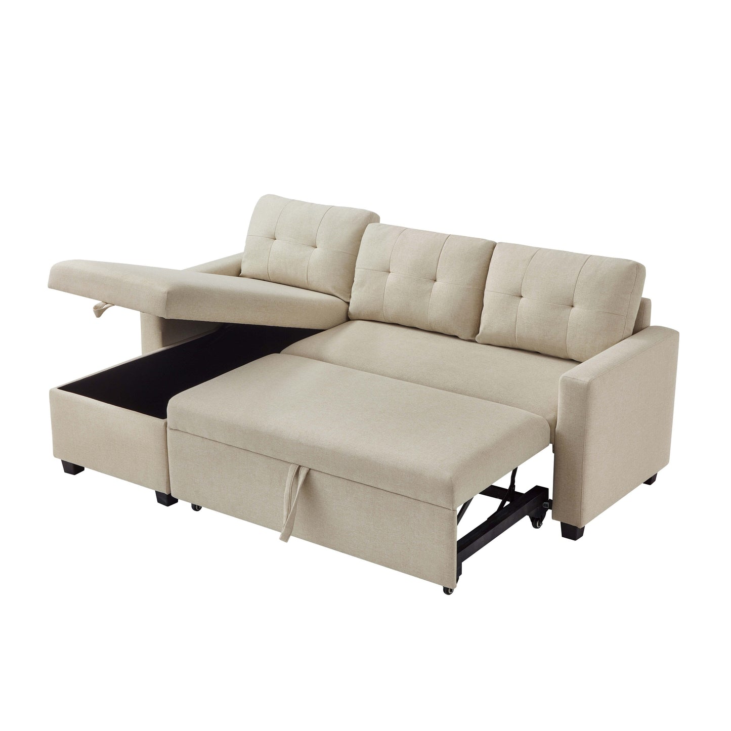 81.5'' Upholstered Convertible 3 Seater Sleeper Sofa with Pull-Out Bed, Reversible Storage Chaise, and Back Cushions