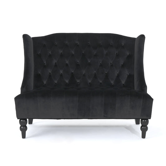 Black Velvet Button Tufted High Wingback Loveseat Sofa