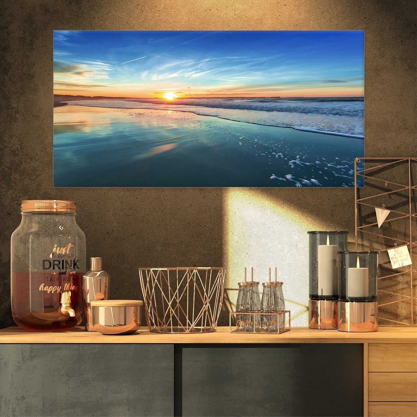 Blue Seashore with Distant Sunset - Seashore Canvas Wall Art