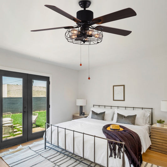CurveCurio Farmhouse Industrial 5-Light Black Cage Ceiling Fan with Light, Remote Control and Pull Chain 42-48-52 inches
