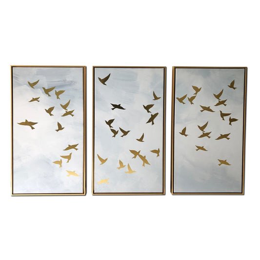 Golden Birds 3 Piece Set Print on Gold Floating Framed Canvas Wall Art