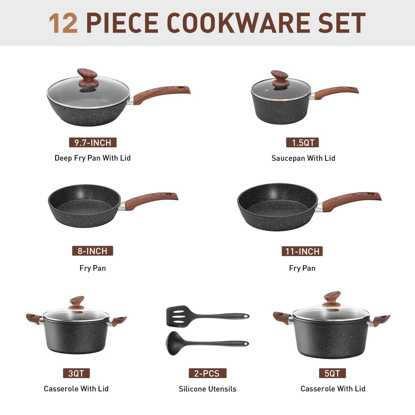 Kitchen Cookware Sets Nonstick, 12 Piece Pots and Pans Set Granite Cooking Set