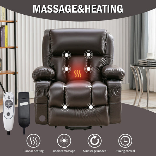Large Power Lift Recliner Chair with Heat and 8-Point Massage - Remote Control, USB Port
