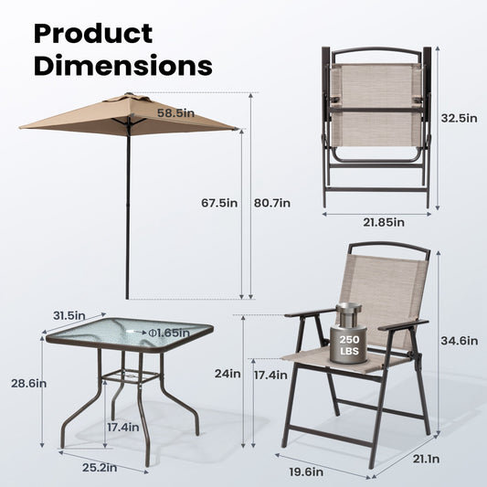 Pellebant 6 Piece Patio Set with Table, Umbrella and 4 Folding Chairs - 22.4Wx26.8Dx34.4H