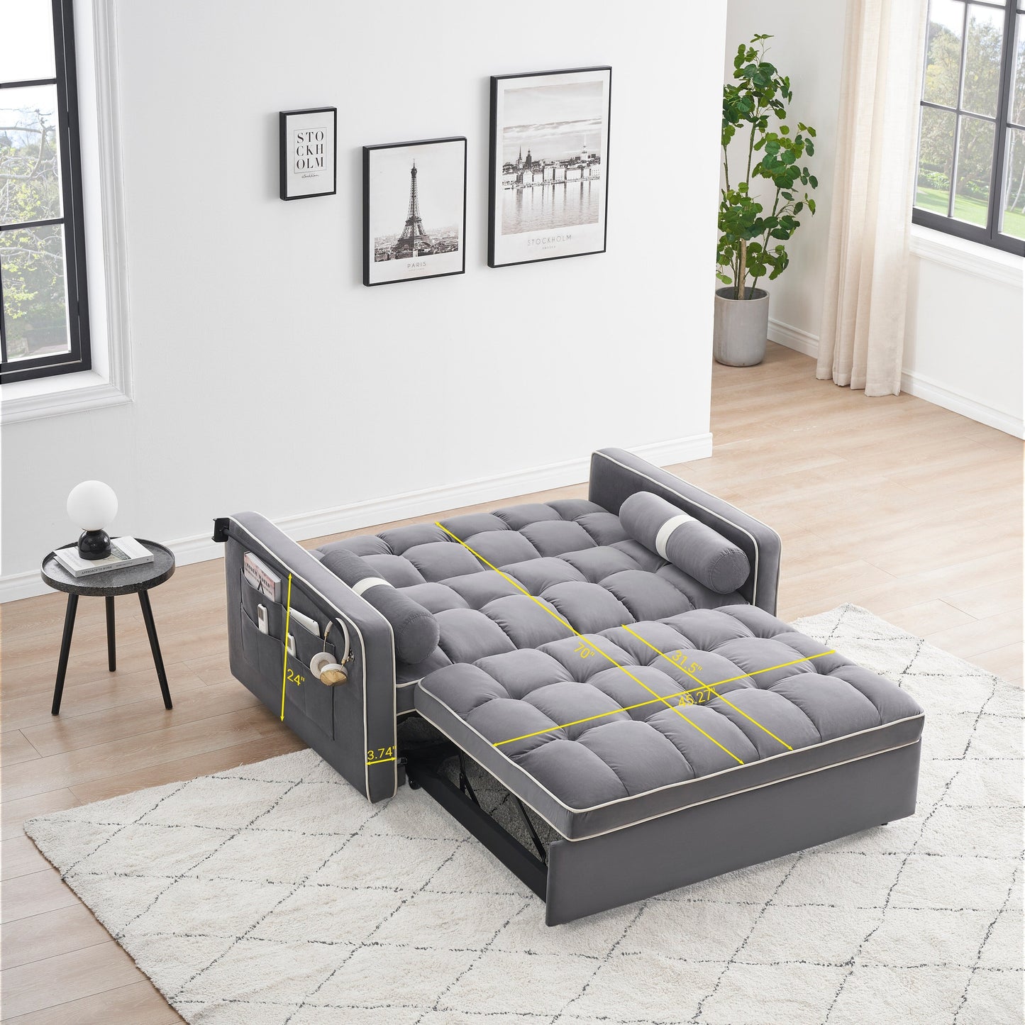 Velvet Convertible 55'' 2-Seater Sleeper Sofa with Pull-Out Bed, Adjustable Recline, Side Pockets, and Phone Holder