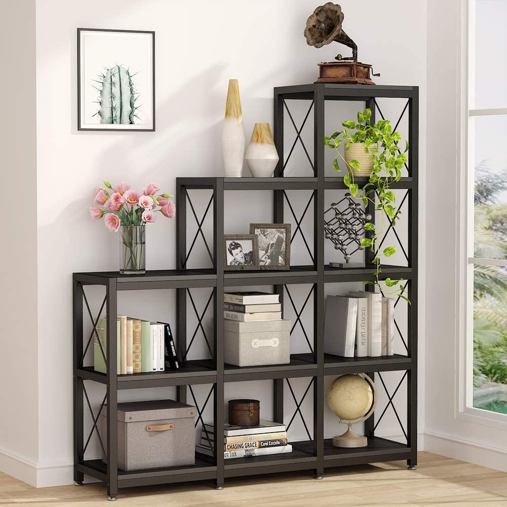 12 Shelves Ladder Bookshelf, Industrial Corner Bookshelf