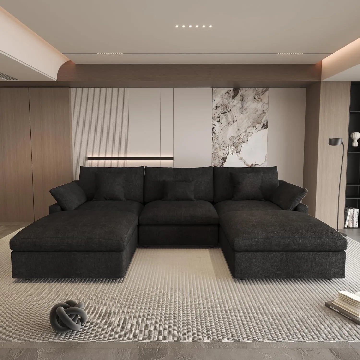 Canapés d'angle Deluxe Slope Cloud | Ensemble 5 pièces en lin noir, forme en U, 120 coussins de dossier réglables, 3 places