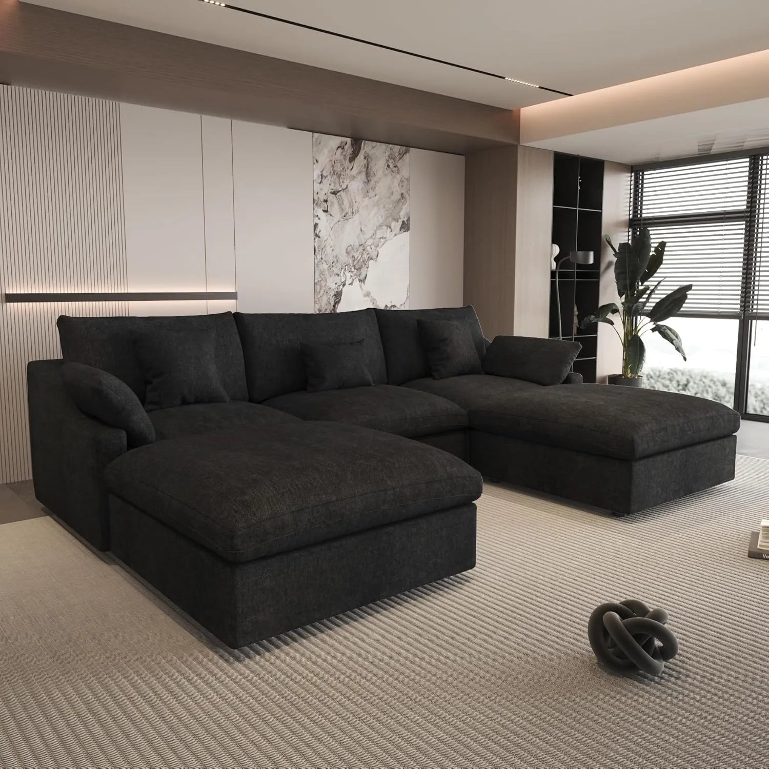 Canapés d'angle Deluxe Slope Cloud | Ensemble 5 pièces en lin noir, forme en U, 120 coussins de dossier réglables, 3 places