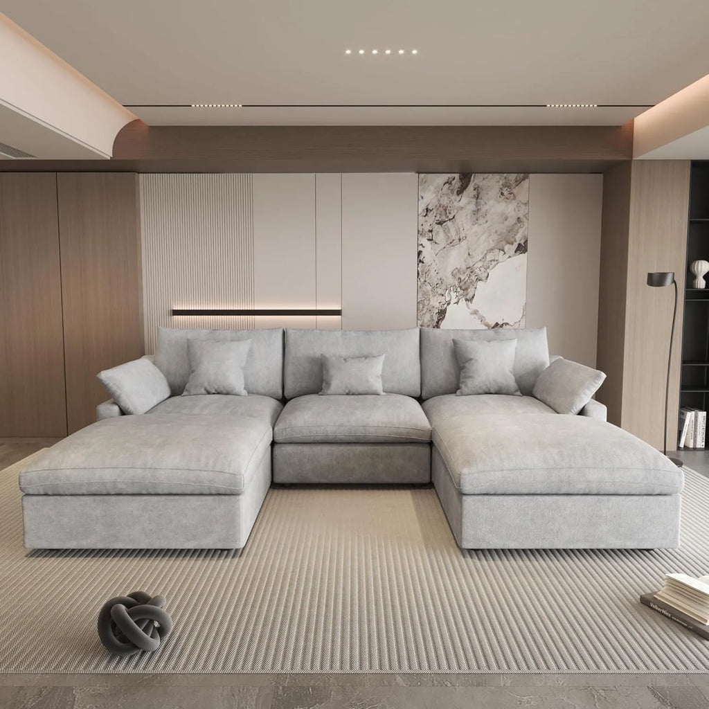 Canapés d'angle Deluxe Slope Cloud | Ensemble 5 pièces en lin gris clair, forme en U, 120 coussins de dossier réglables, 3 places