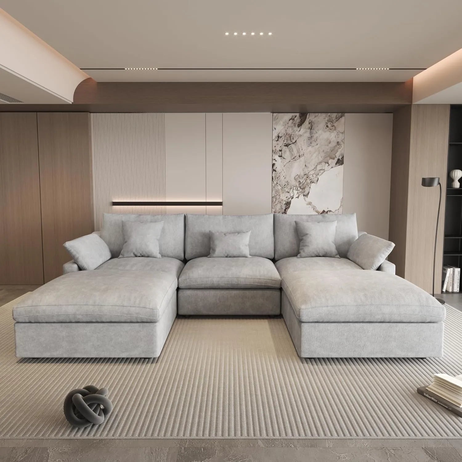 Canapés d'angle Deluxe Slope Cloud | Ensemble 5 pièces en lin gris clair, forme en U, 120 coussins de dossier réglables, 3 places