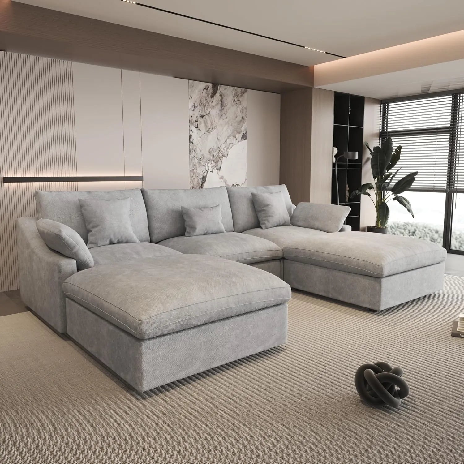 Canapés d'angle Deluxe Slope Cloud | Ensemble 5 pièces en lin gris clair, forme en U, 120 coussins de dossier réglables, 3 places