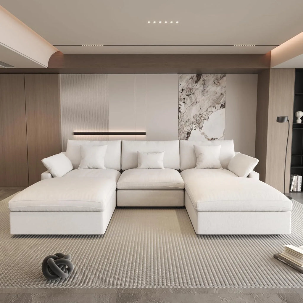 Canapés d'angle Deluxe Slope Cloud | Ensemble 5 pièces en lin blanc en forme de U, 120 coussins de dossier réglables, 3 places