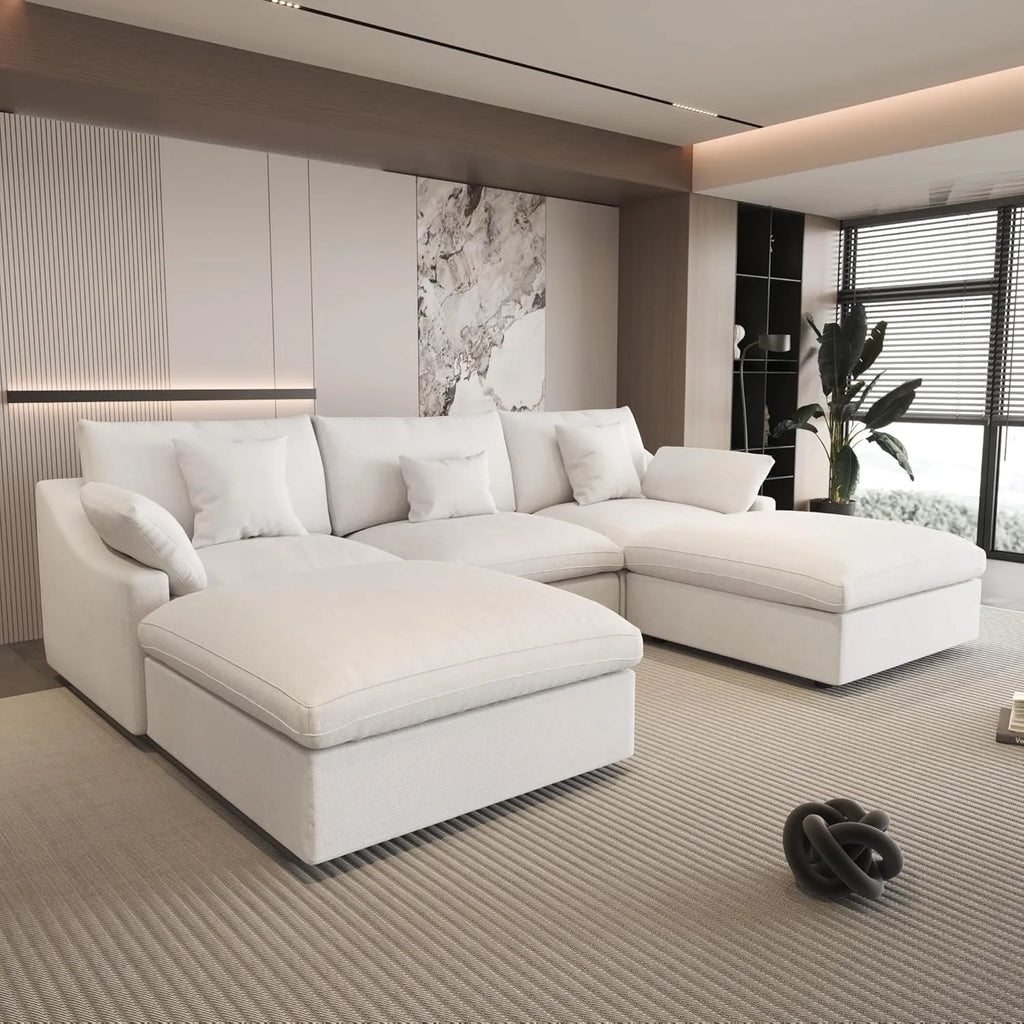 Canapés d'angle Deluxe Slope Cloud | Ensemble 5 pièces en lin blanc en forme de U, 120 coussins de dossier réglables, 3 places