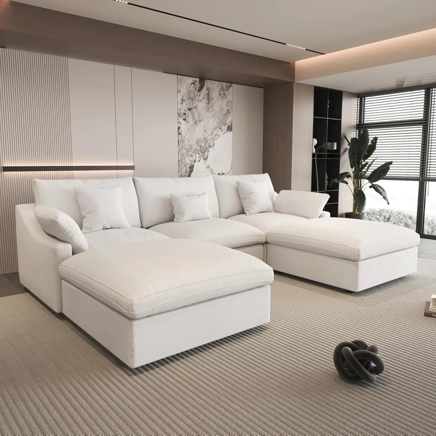 Canapés d'angle Deluxe Slope Cloud | Ensemble 5 pièces en lin blanc en forme de U, 120 coussins de dossier réglables, 3 places