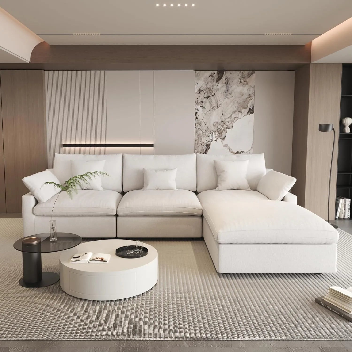 Canapés d'angle Deluxe Slope Cloud | Ensemble de 4 pièces en lin blanc, forme L, 120 coussins de dossier réglables, 3 places