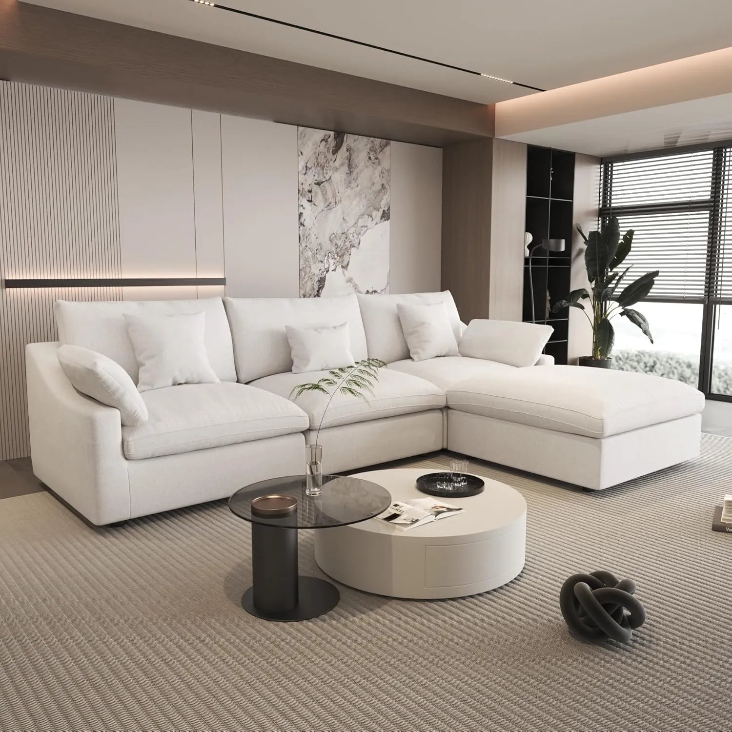 Canapés d'angle Deluxe Slope Cloud | Ensemble de 4 pièces en lin blanc, forme L, 120 coussins de dossier réglables, 3 places