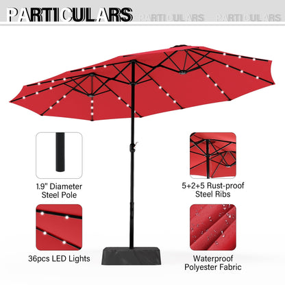 15-foot Rectangular Crank Double-sided Outdoor Market Umbrella Solar LED Lighted Patio Umbrella with Base Included