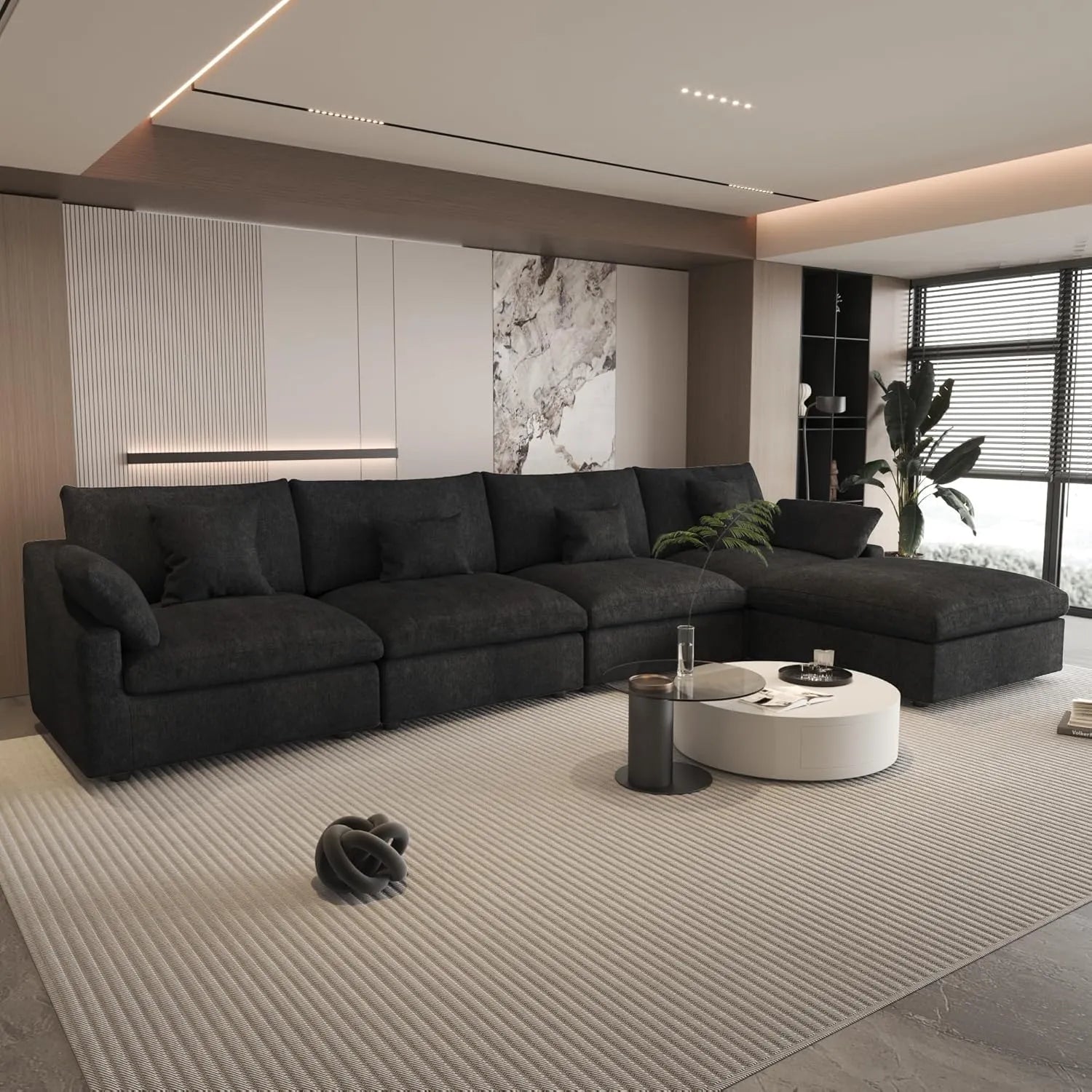 Canapés d'angle Deluxe Slope Cloud | Ensemble de 5 pièces en lin noir, 160 coussins de dossier réglables, 4 places