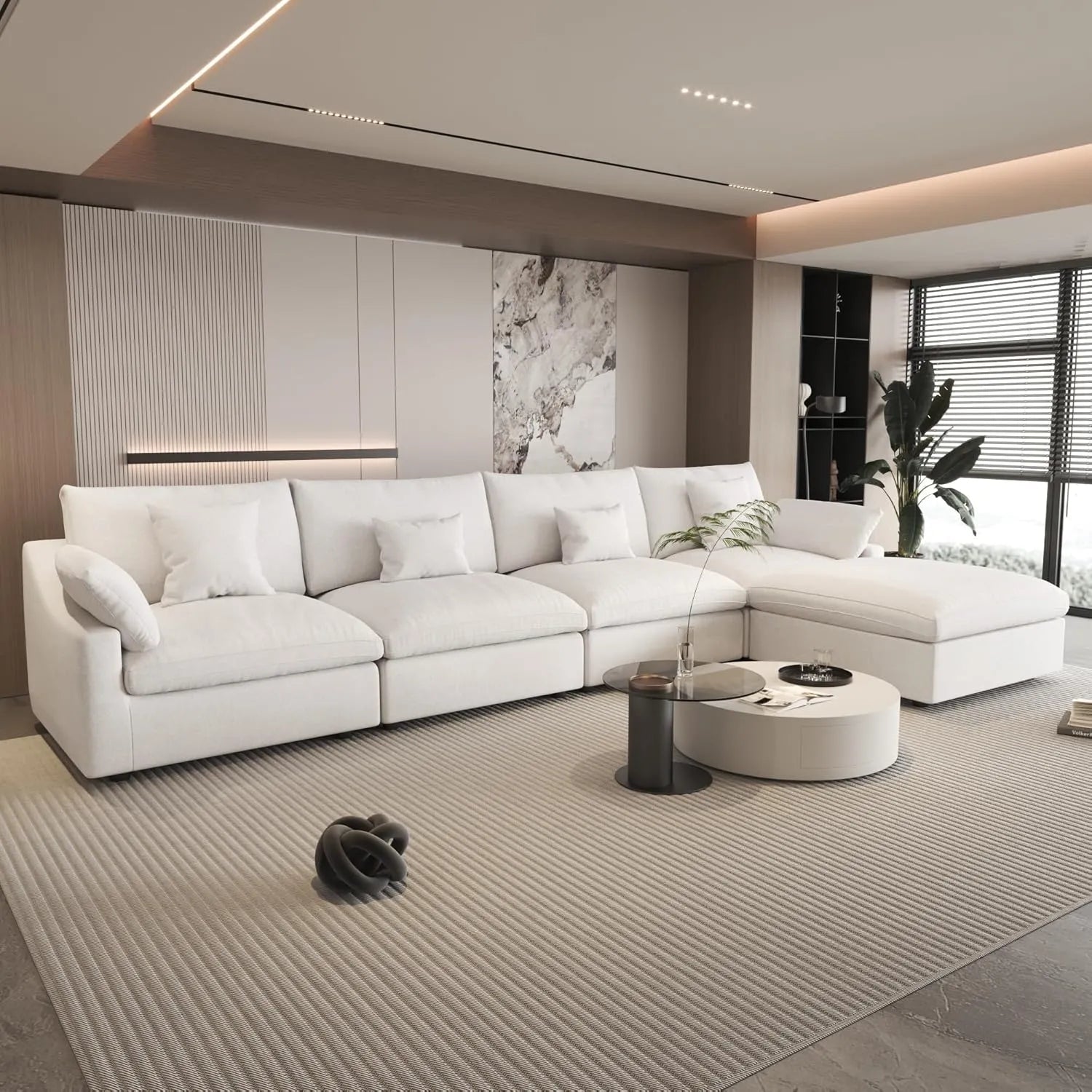 Canapés d'angle Deluxe Slope Cloud | Ensemble de 5 pièces en lin blanc, en forme de L, avec 160 coussins de dossier réglables, 4 places