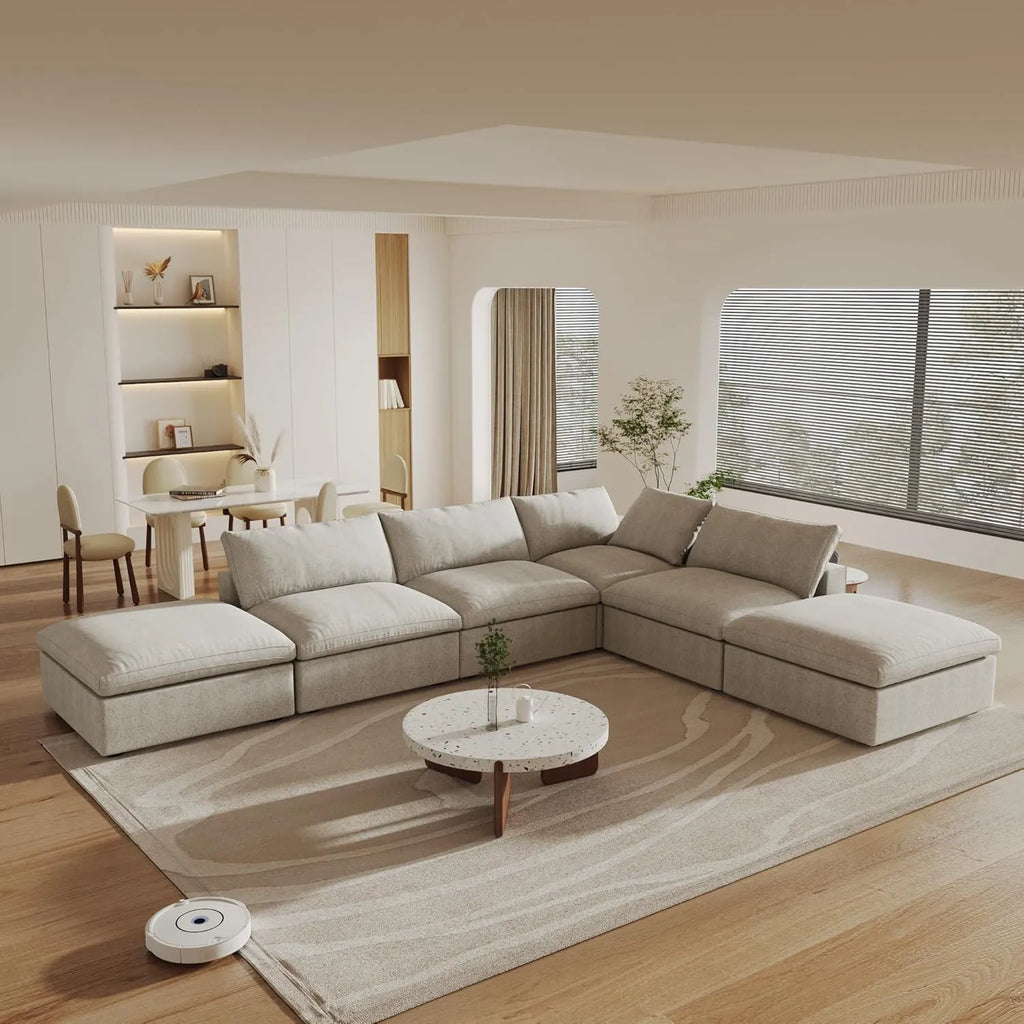 Canapés d'angle Deluxe Premium Cloud | Ensemble de 6 pièces en coton et lin kaki, en forme de L, 4 places