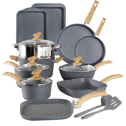 17-Piece Kitchen Granite Cookware Set, Non-stick Cooking Pots and Pans Set