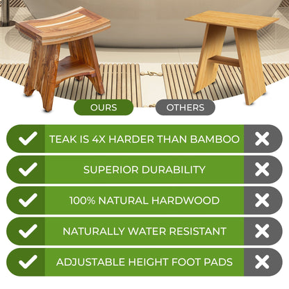 EcoDecors, Serenity, Teak Shower Bench, Teak Shower Stool, Teak Corner Shower Bench, 18 Inch, With Shelf