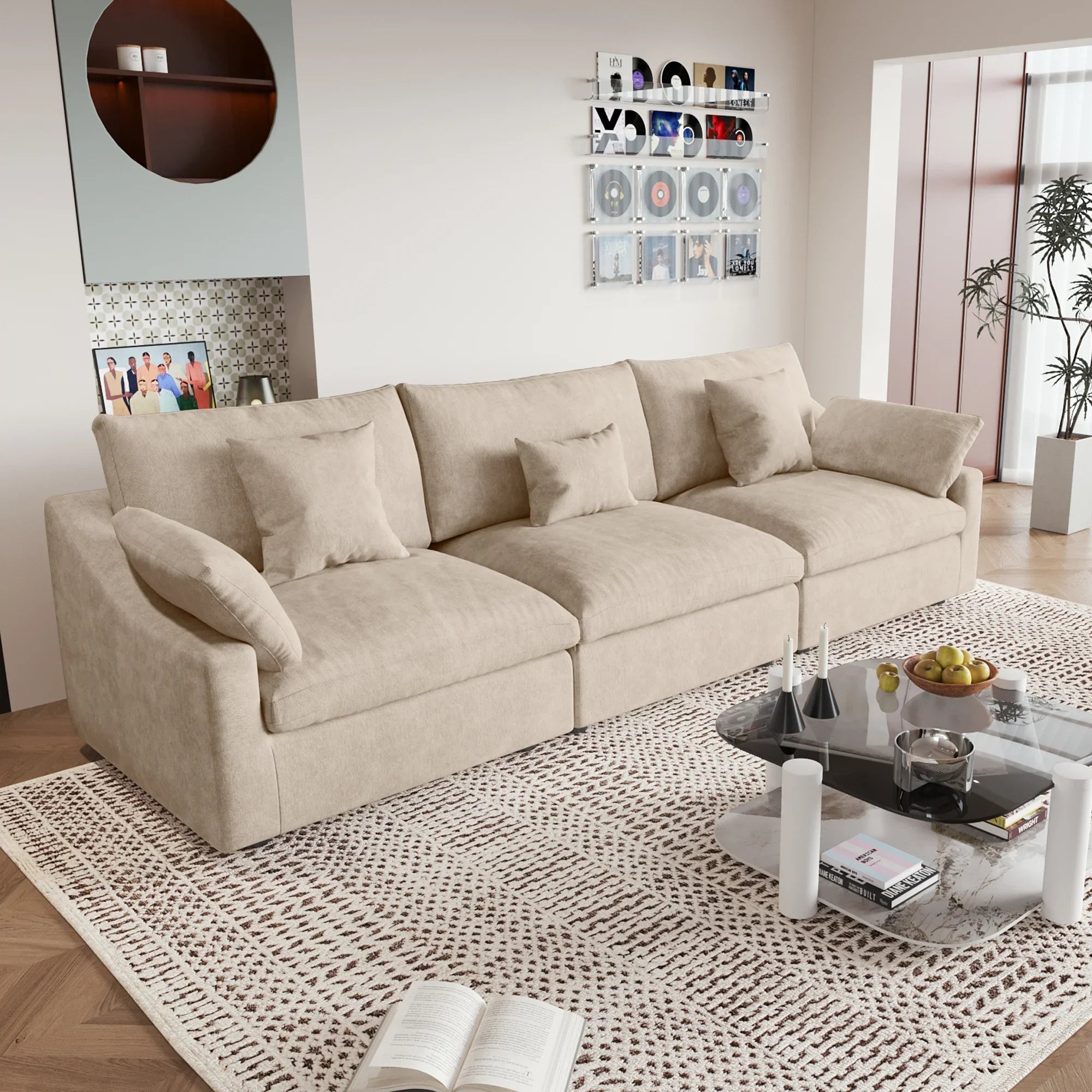 Canapés d'angle Deluxe Slope Cloud | Canapé d'angle 3 pièces en lin kaki 3 places