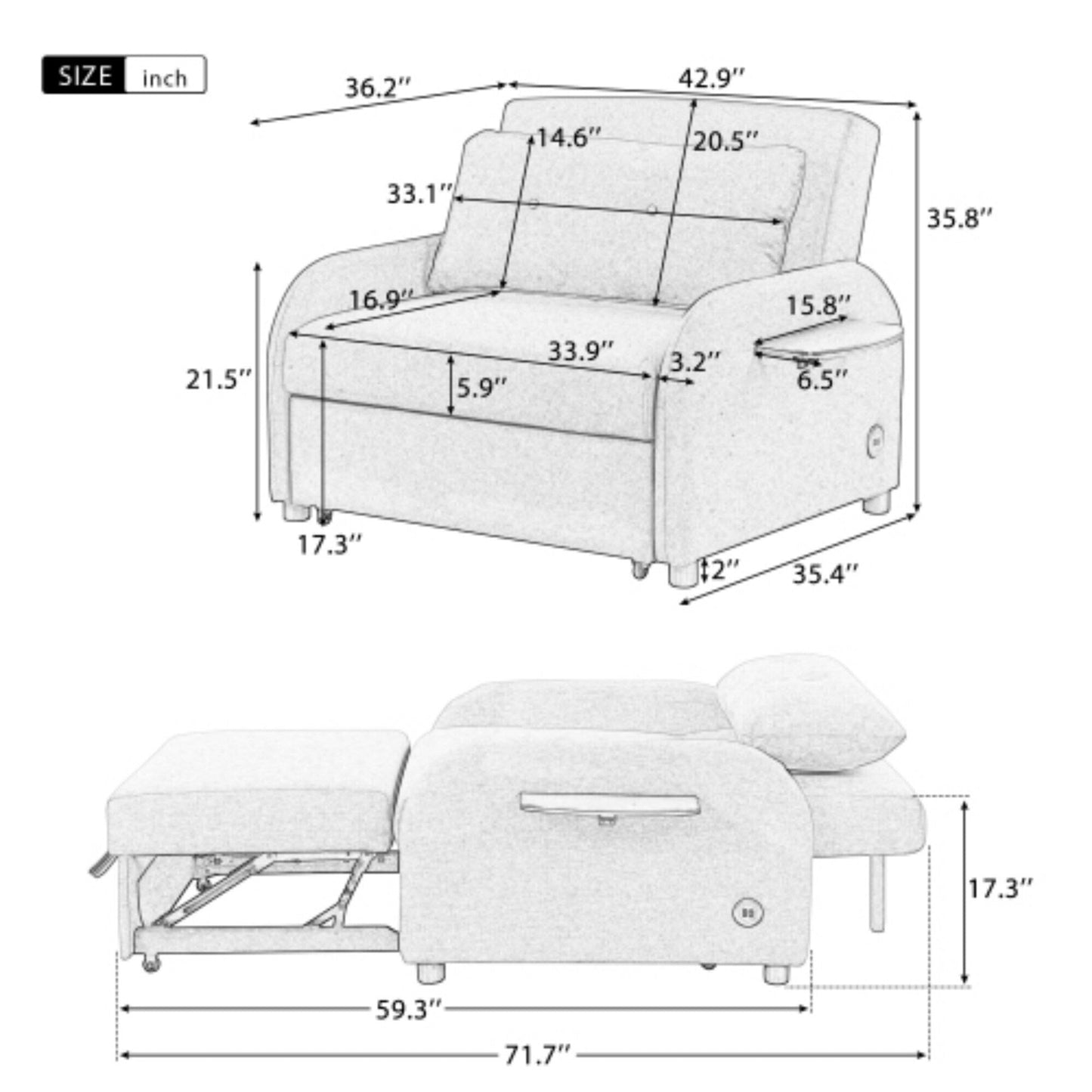 3-in-1 Pull-Out Sofa Sleeper with Collapsible Wing Table & USB Ports by Harper&Bright Designs