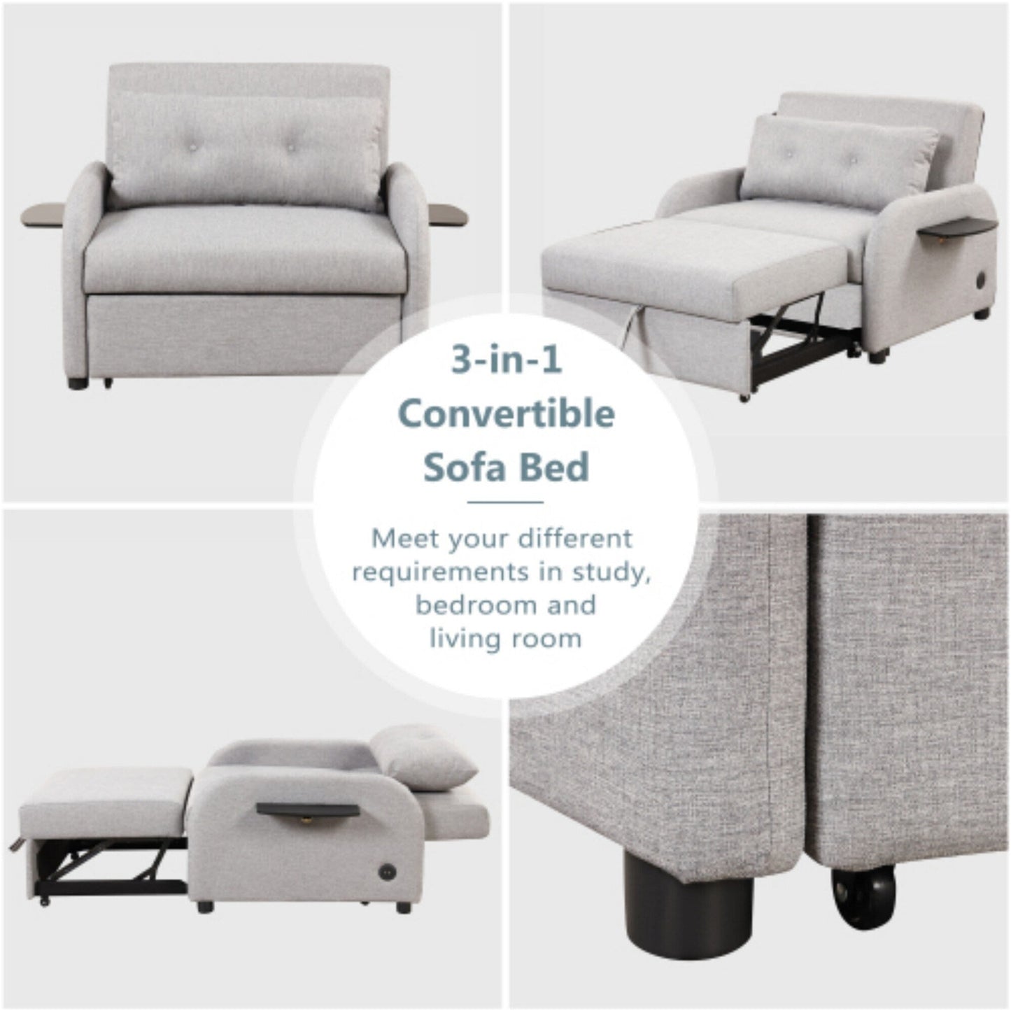 3-in-1 Pull-Out Sofa Sleeper with Collapsible Wing Table & USB Ports by Harper&Bright Designs