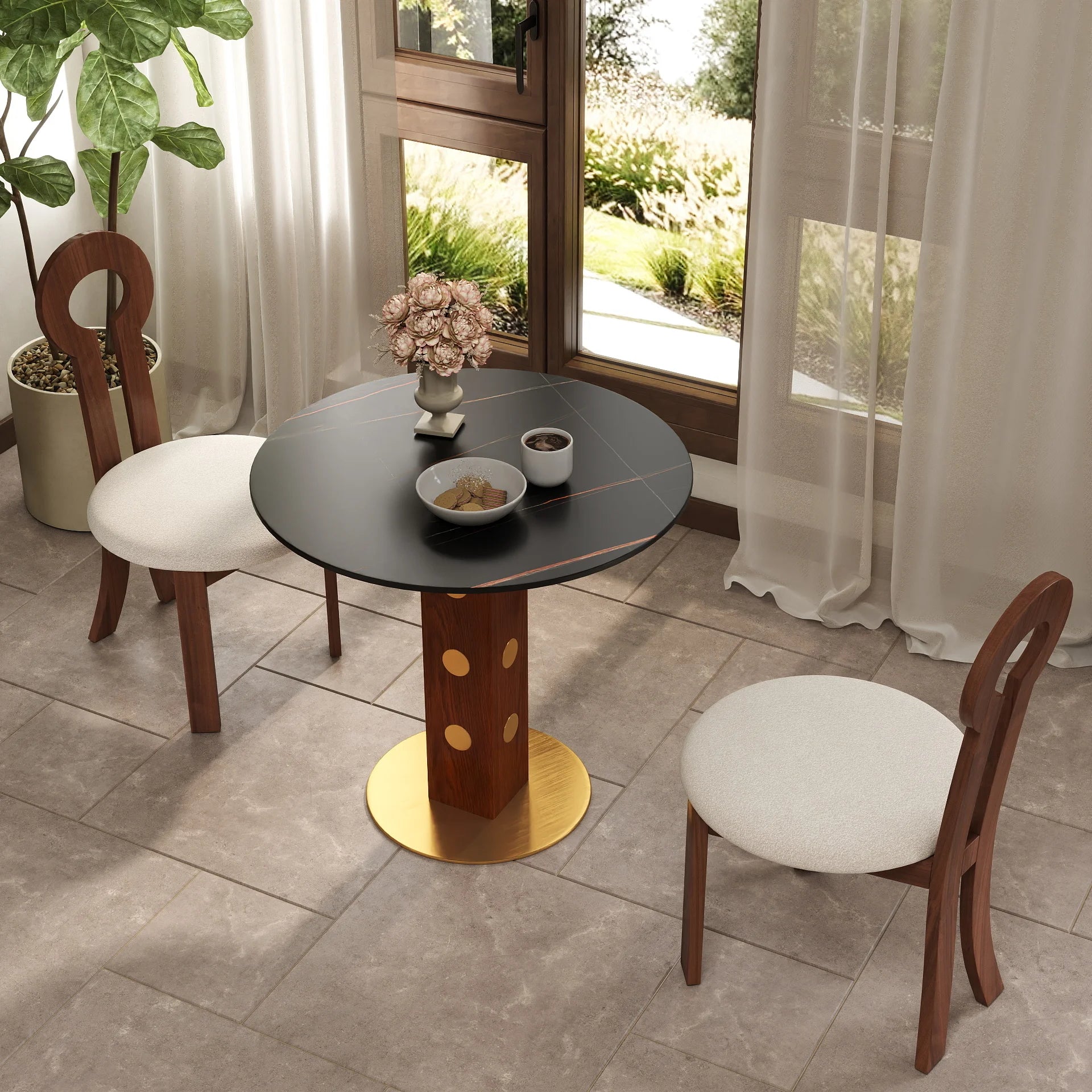 Table bistro Nero en pierre frittée | Ronde noire 34 pouces avec piètement en bois