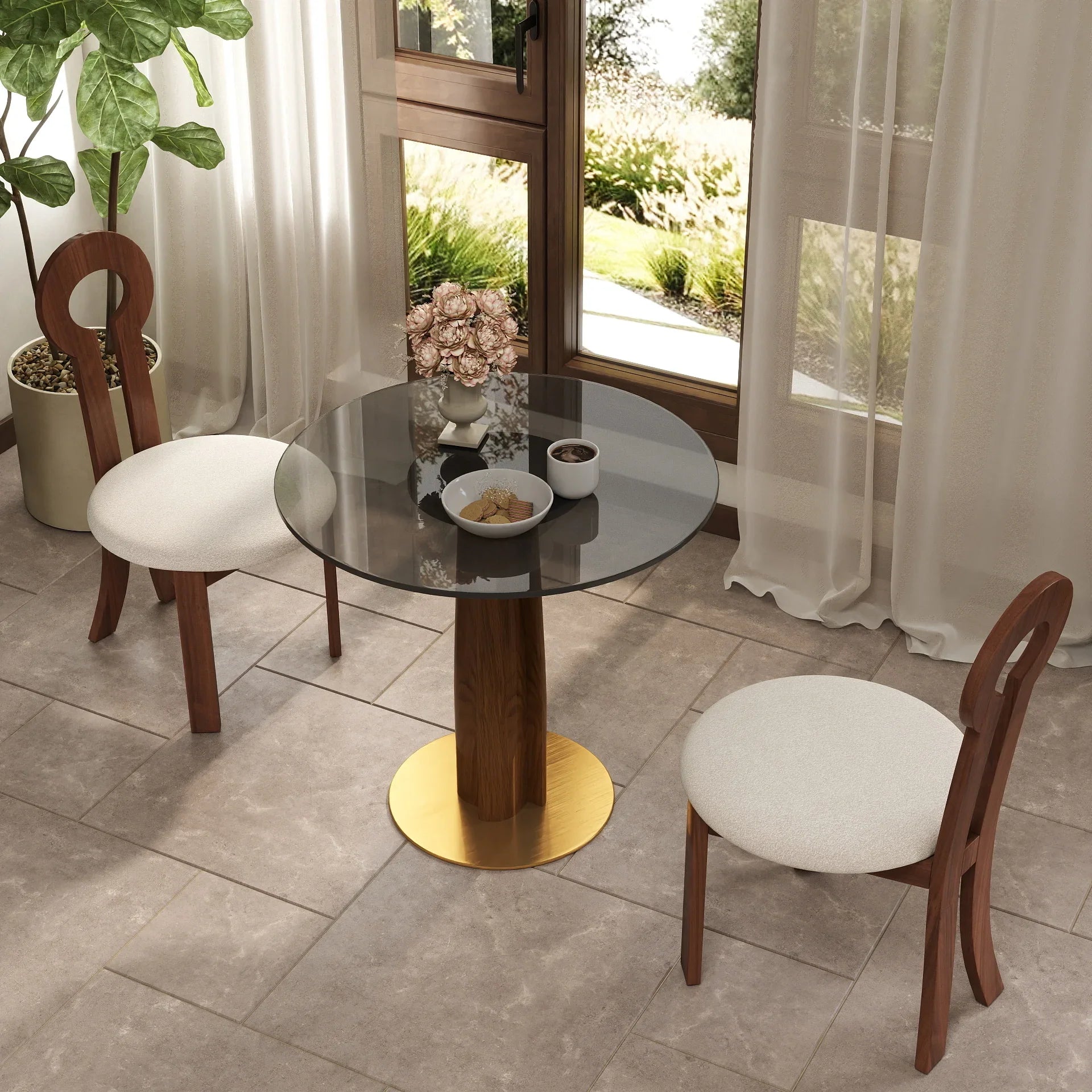 Table bistro en verre Oro | Ronde grise 34 pouces avec piètement en bois