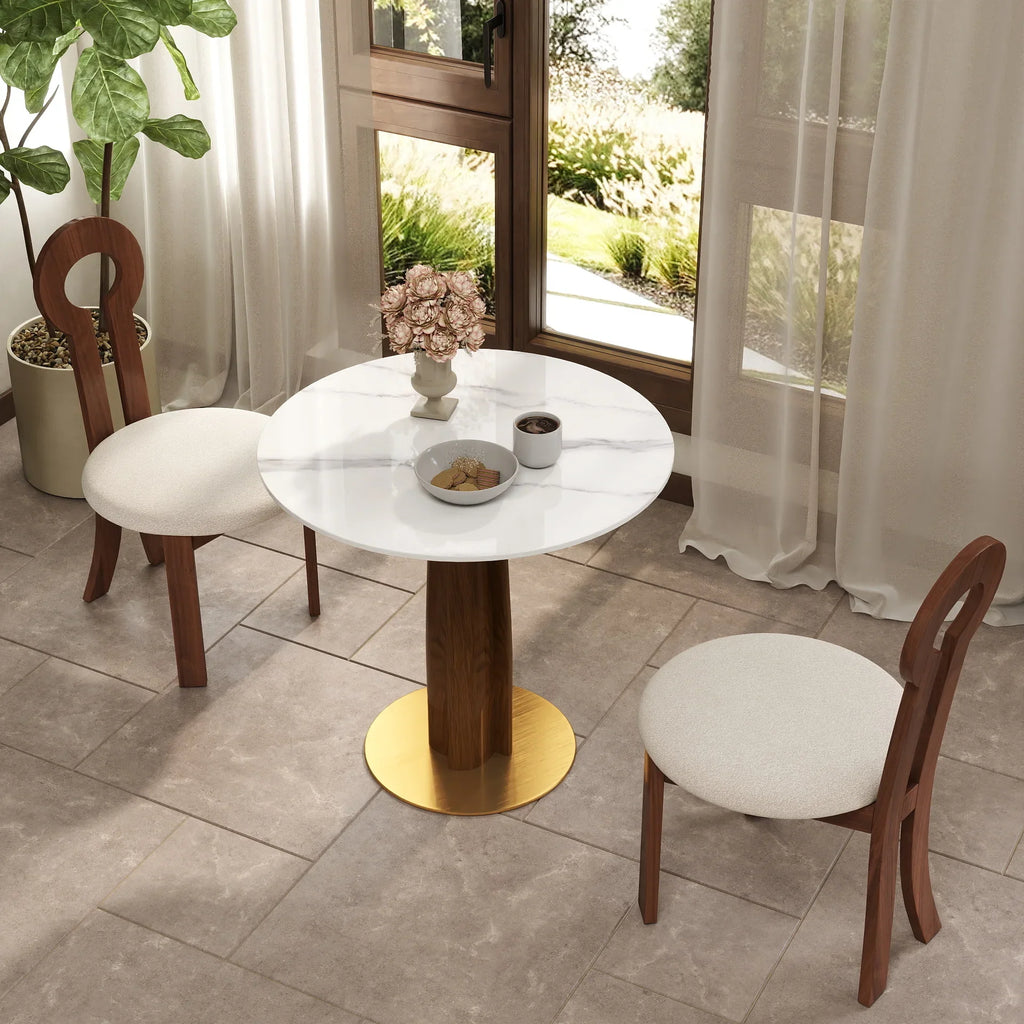 Table bistro Nero en pierre frittée | Ronde blanche 34 pouces avec piètement en bois