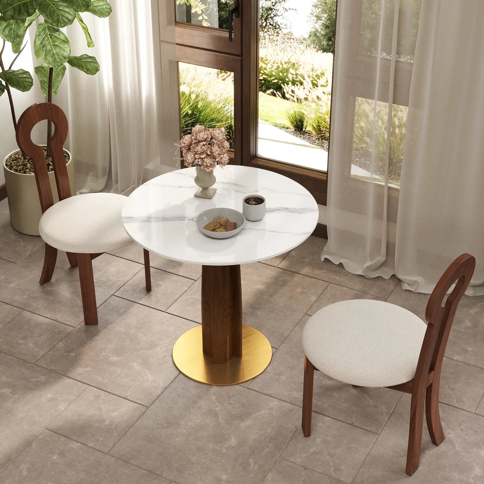 Table bistro Nero en pierre frittée | Ronde blanche 34 pouces avec piètement en bois