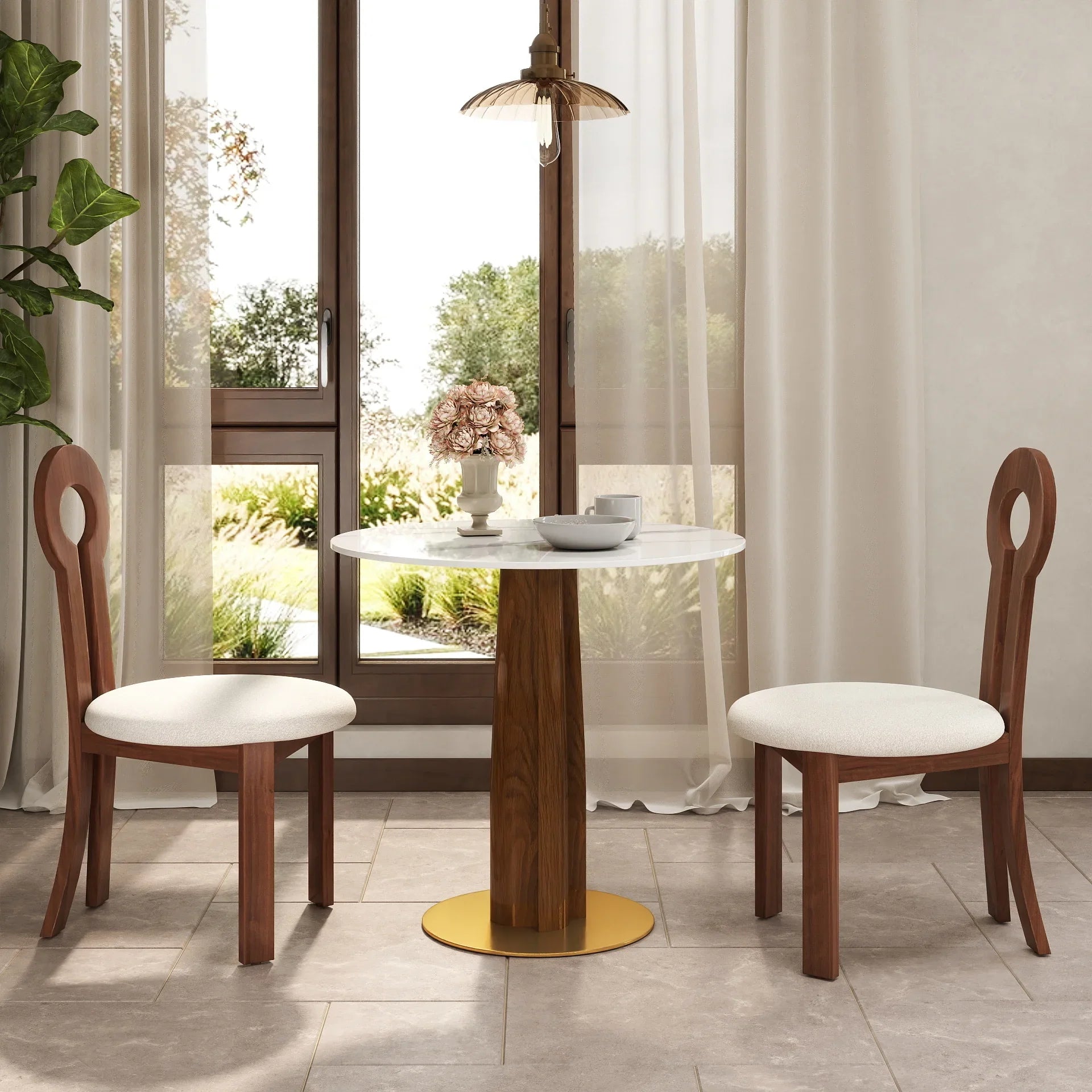 Table bistro Nero en pierre frittée | Ronde blanche 34 pouces avec piètement en bois