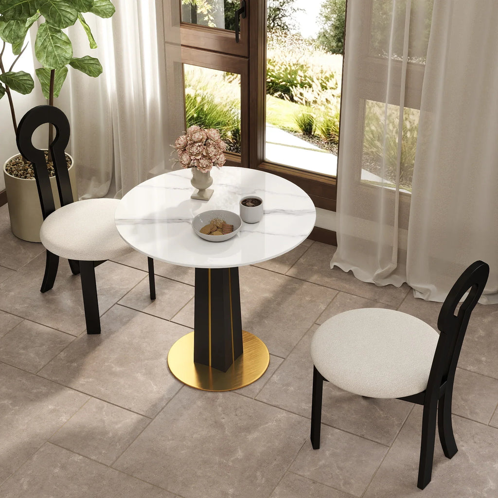 Table bistro Nero en pierre frittée | Ronde blanche 34 pouces avec piètement en bois