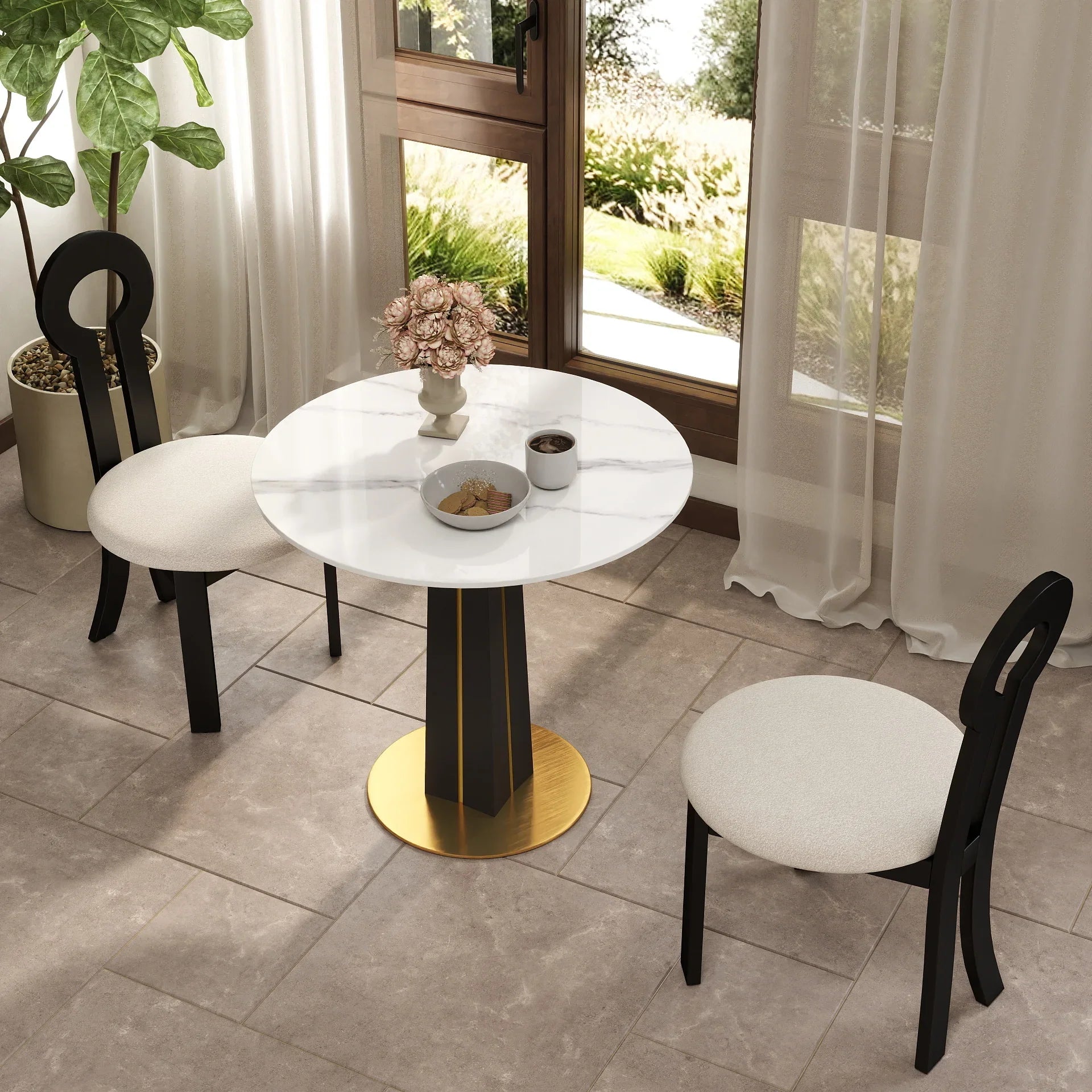 Table bistro Nero en pierre frittée | Ronde blanche 34 pouces avec piètement en bois