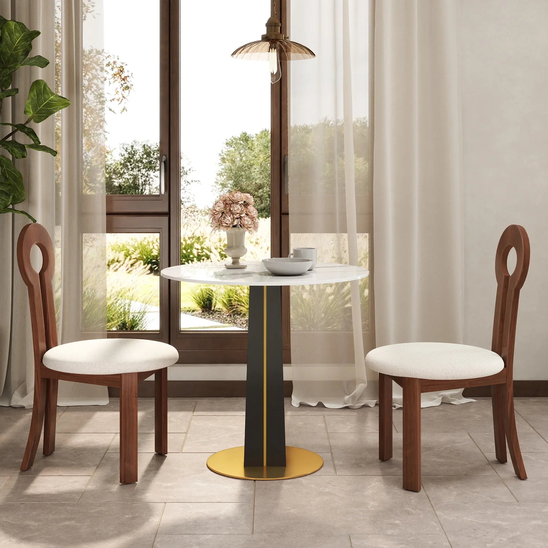 Table bistro Nero en pierre frittée | Ronde blanche 34 pouces avec piètement en bois