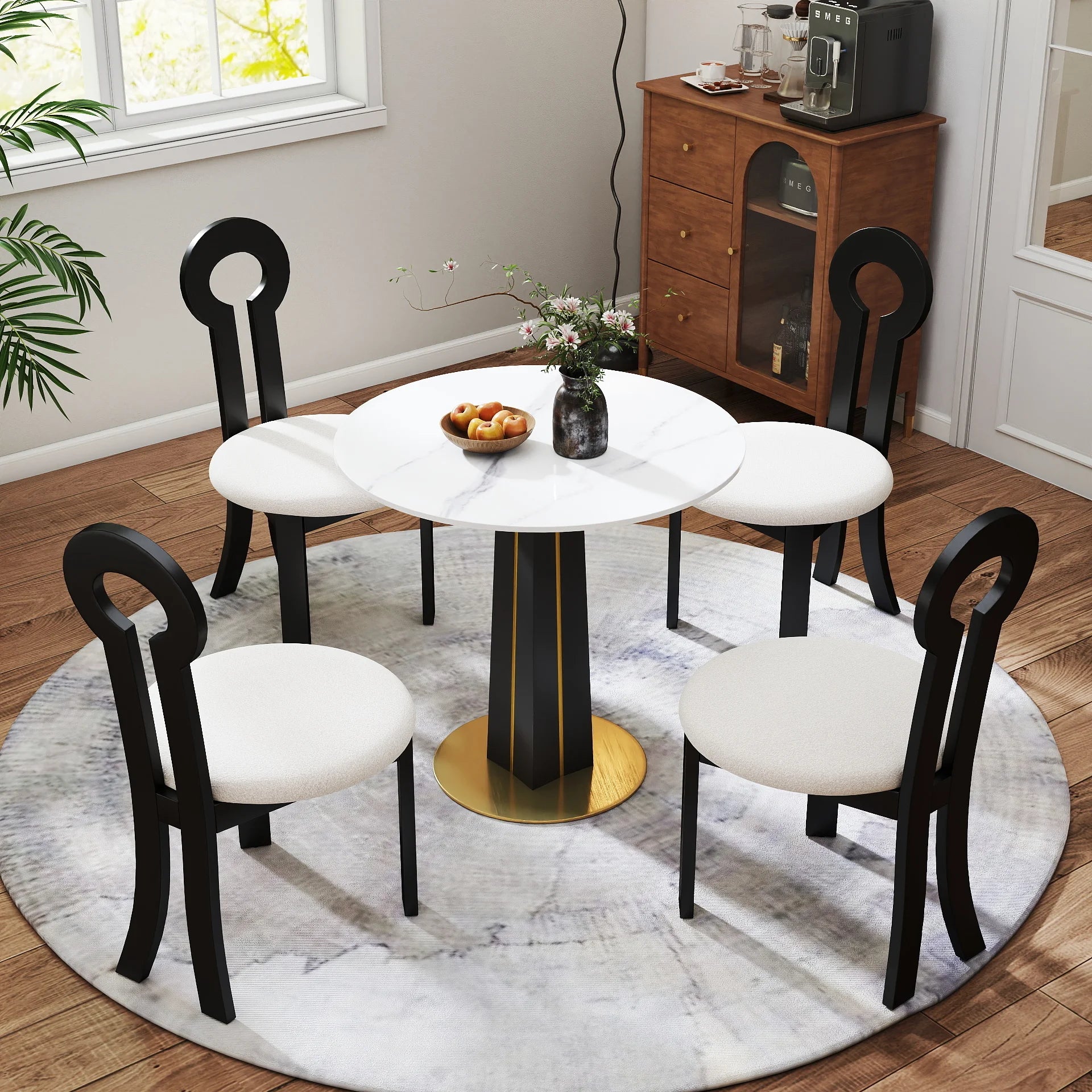 Table bistro Nero en pierre frittée | Ronde blanche 34 pouces avec piètement en bois