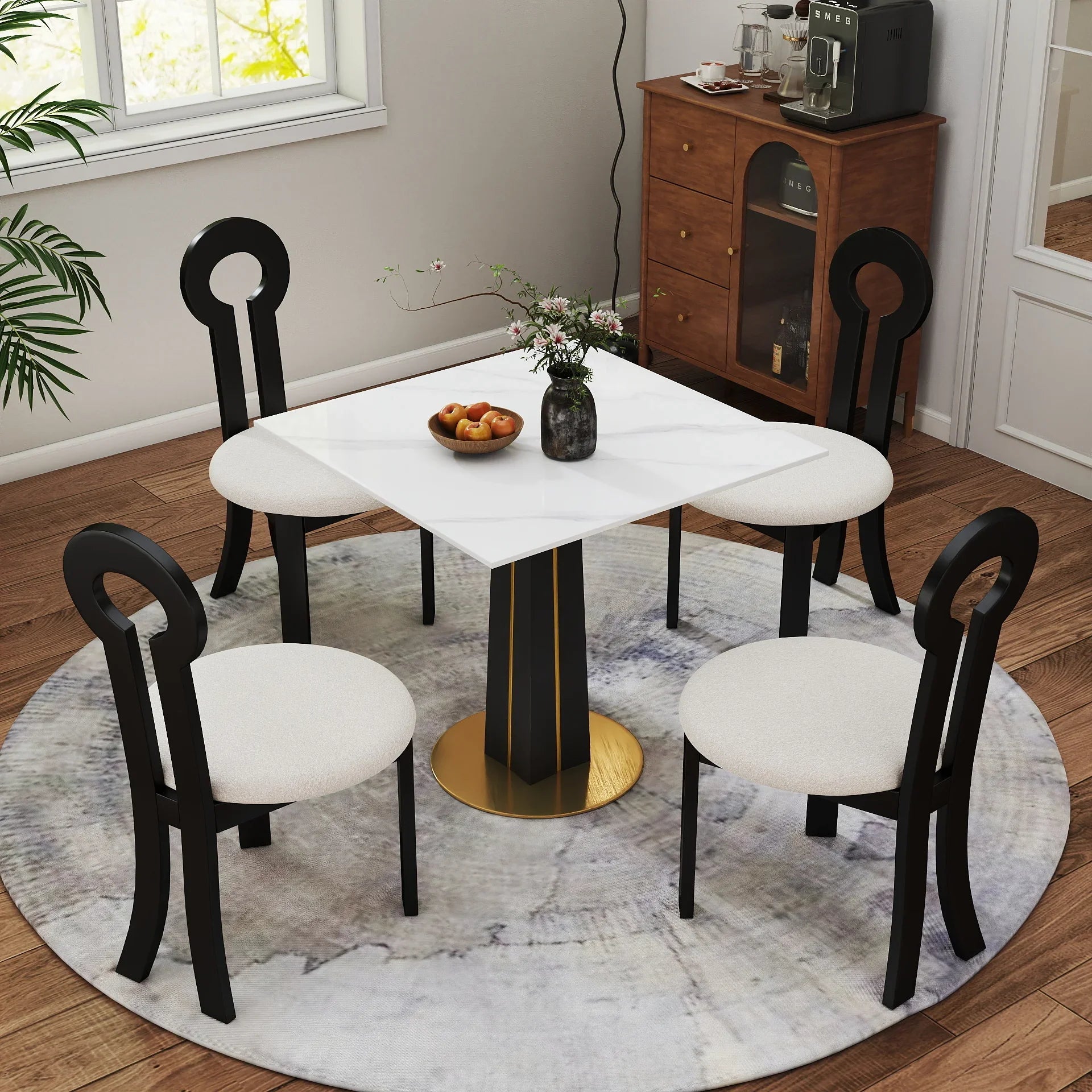 Table bistro Nero en pierre frittée | Carrée blanche 34 pouces avec piètement en bois