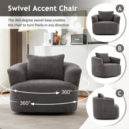 360° Swivel Chair, 38.2 Boucle Accent Chair with Throw Pillow, Upholstered Barrel Sofa Chair with Curved Armrests