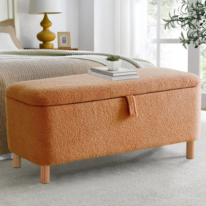 39.5 Off White Boucle Storage Ottoman Bench Sherpa Storage Bench Ottoman Foot Rest End of Bed for Living Room Bedroom,Wood Leg