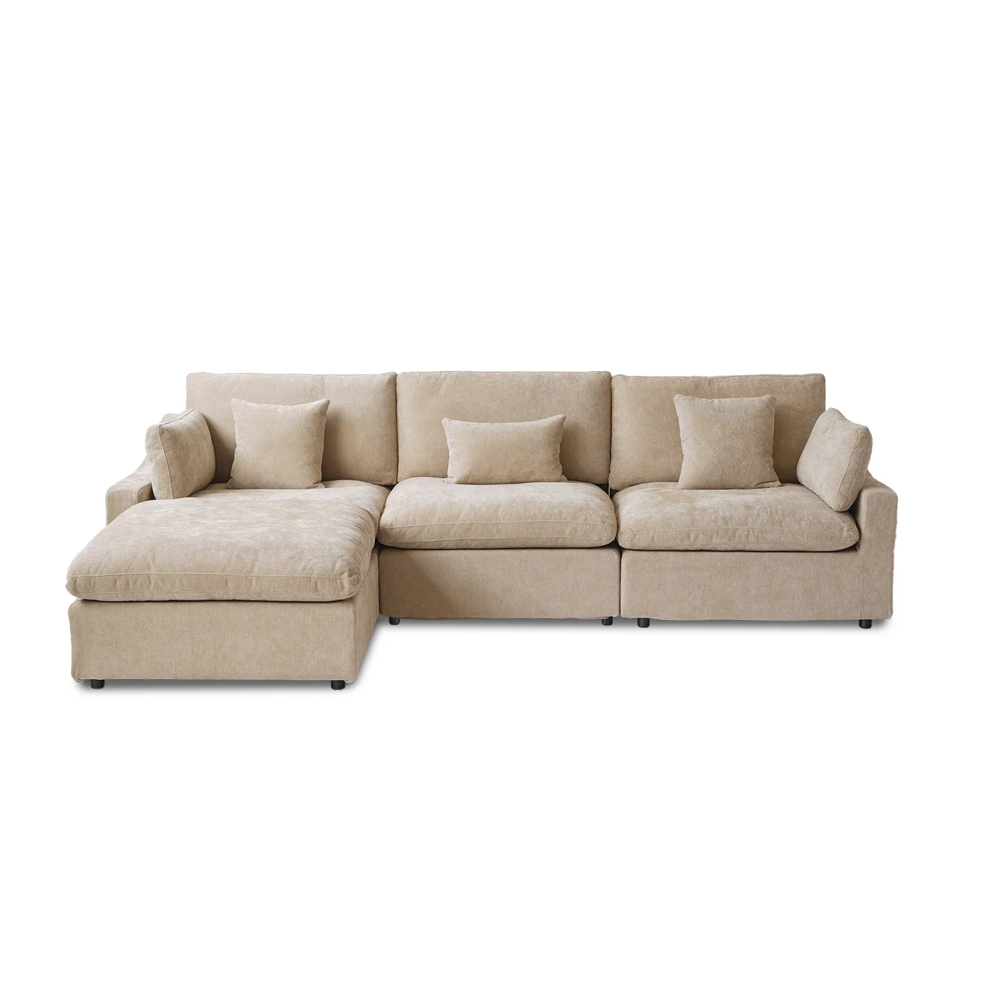 Canapés d'angle Deluxe Slope Cloud | Ensemble de 4 pièces en lin kaki, 3 places avec 1 pouf