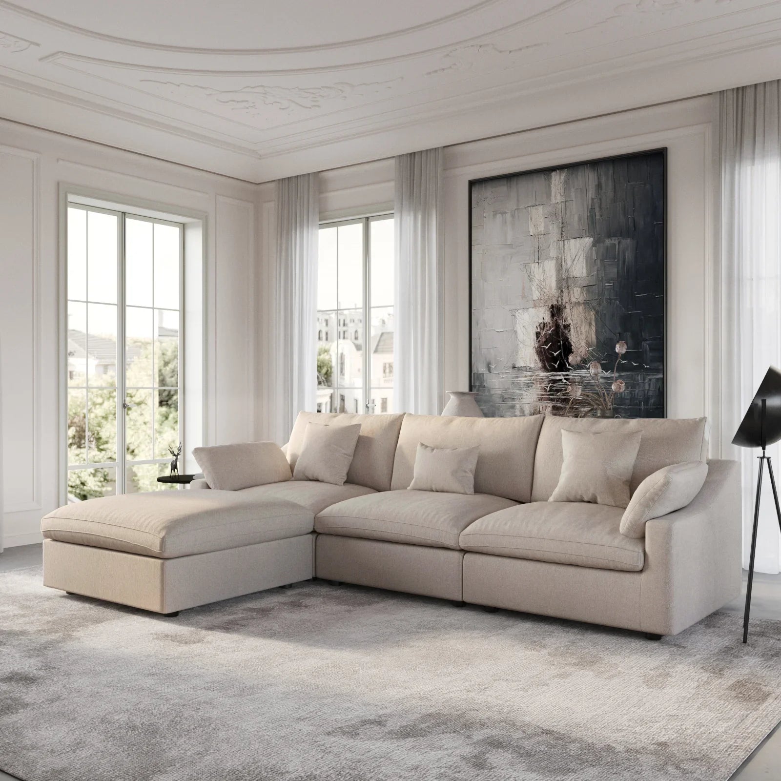 Canapés d'angle Deluxe Slope Cloud | Ensemble de 4 pièces en lin kaki, 3 places avec 1 pouf