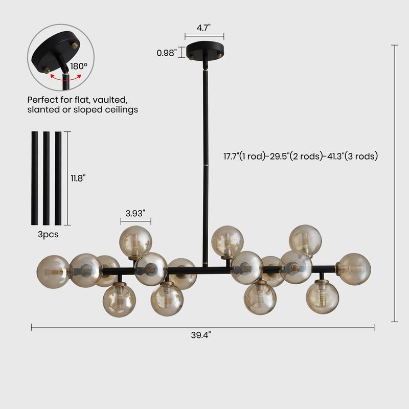 40 in. Linear Mid Century Modern Chandelier 16-Light Gold Brass Sputnik Pendant Light with Frosted Glass Globe for Dining Room
