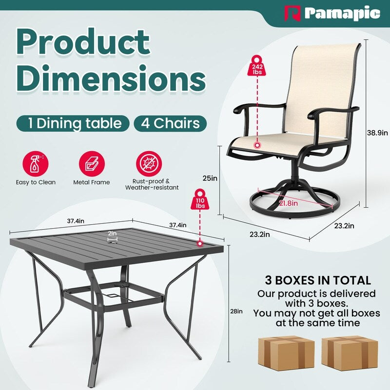 5-Piece Metal Outdoor Patio Dining Set with Square Table and Textilene Swivel Chairs
