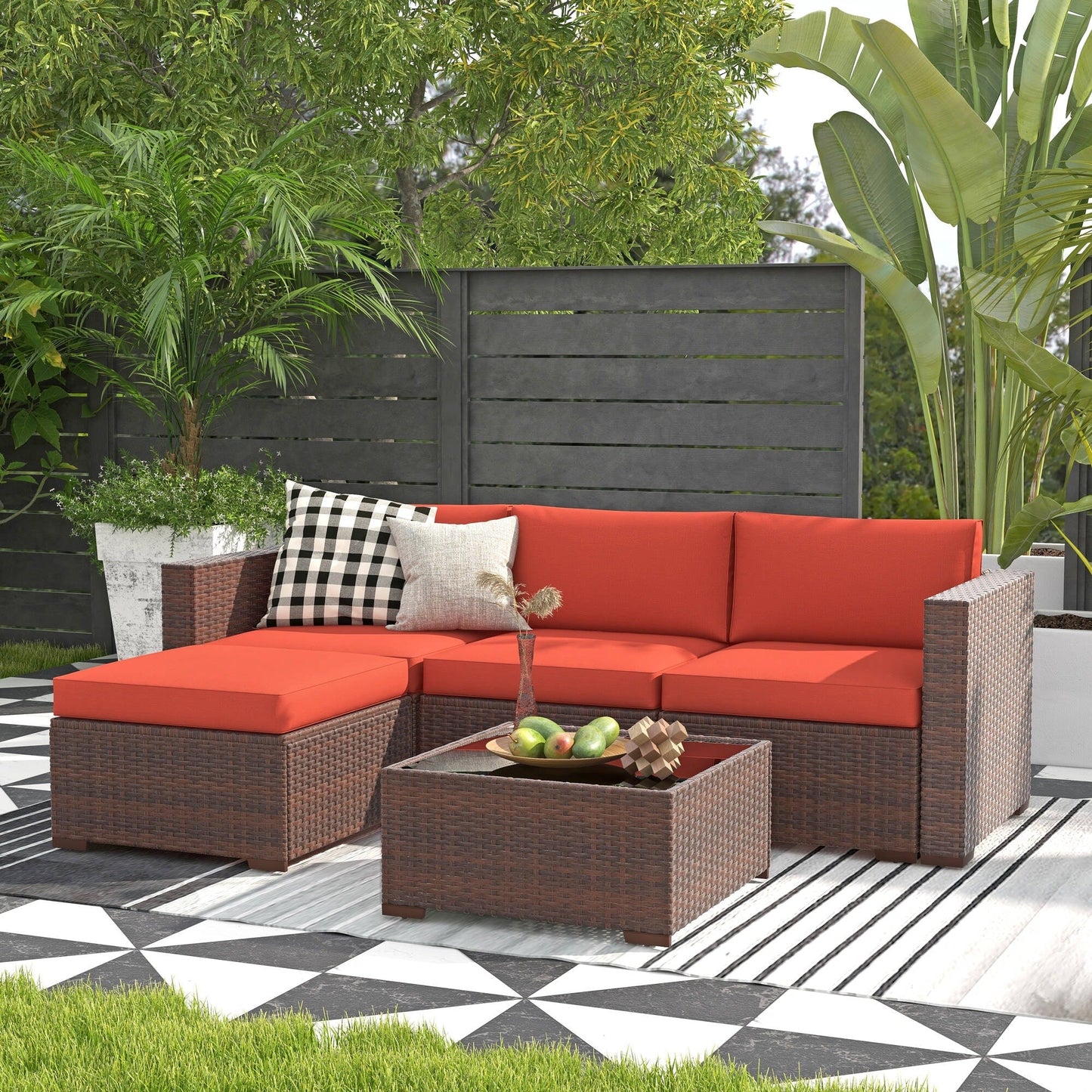 5-piece Outdoor Wicker Sectional Sofa Set with Cushions